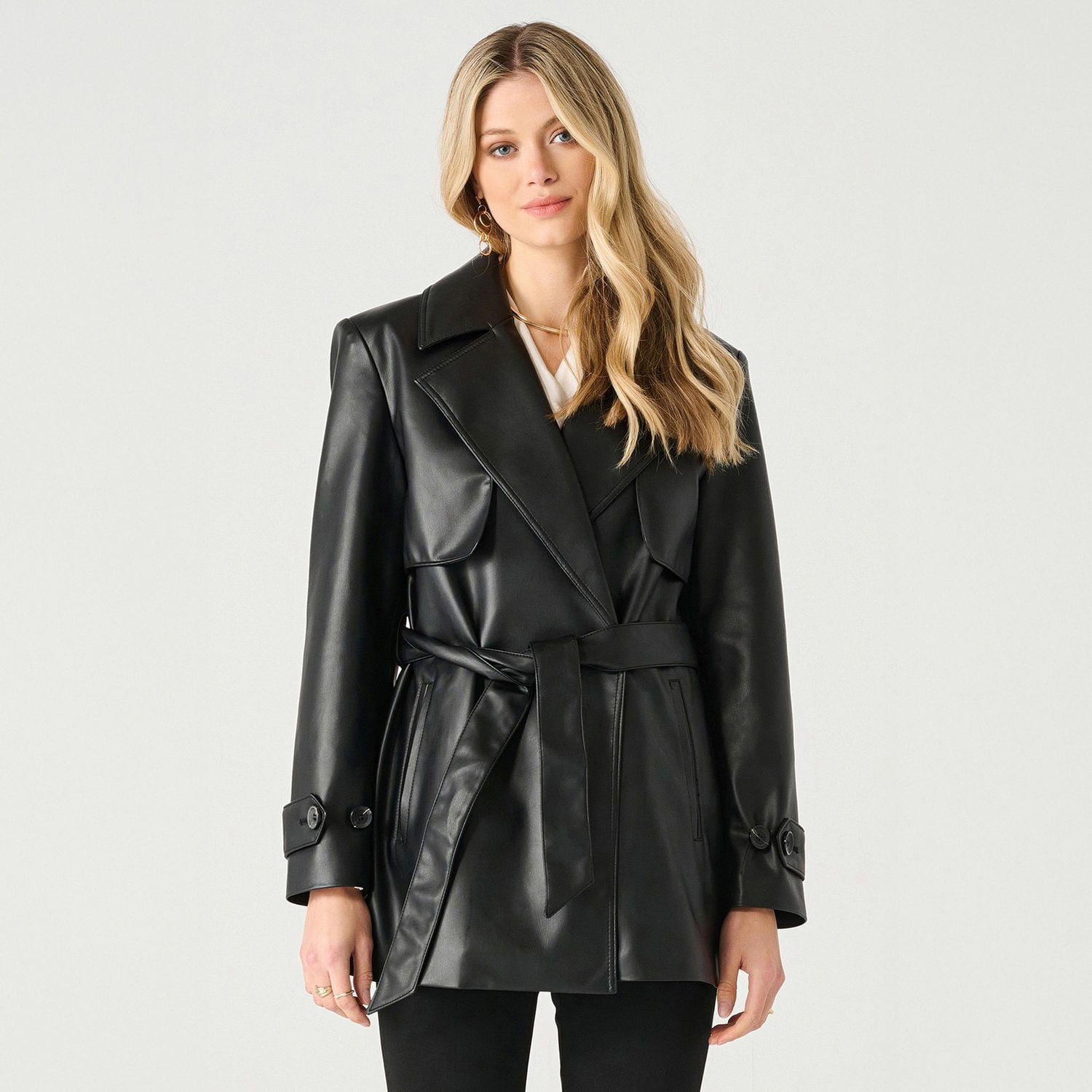 Devoted manteau à manches longues en simili cuir avec ceinture