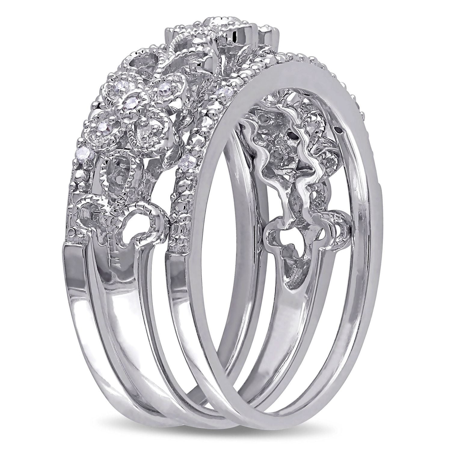 Ensemble de bagues florales rétro 3-mcx Miabella avec diamants 1/10 CT poids total en argent sterling