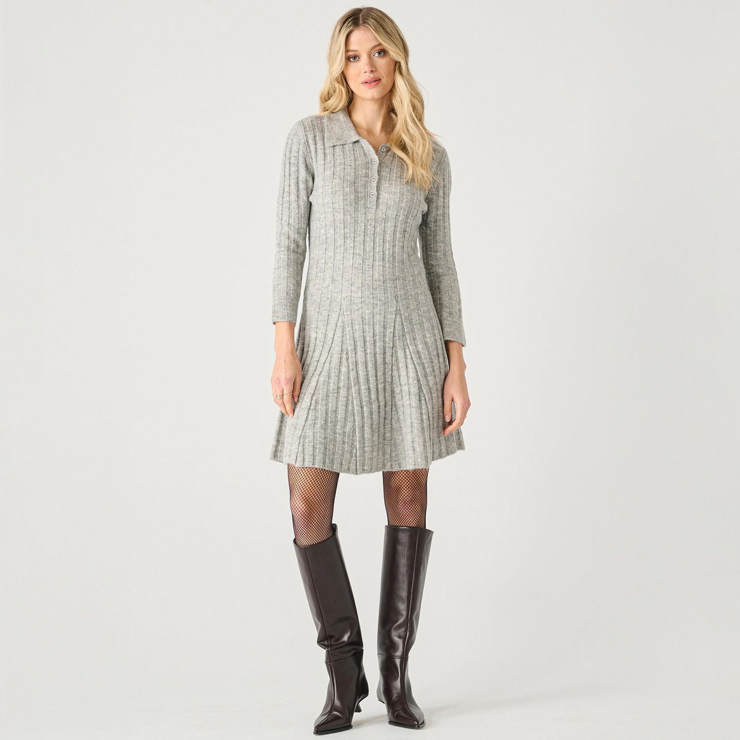 Devoted long sleeve ribbed collared mini sweater dress