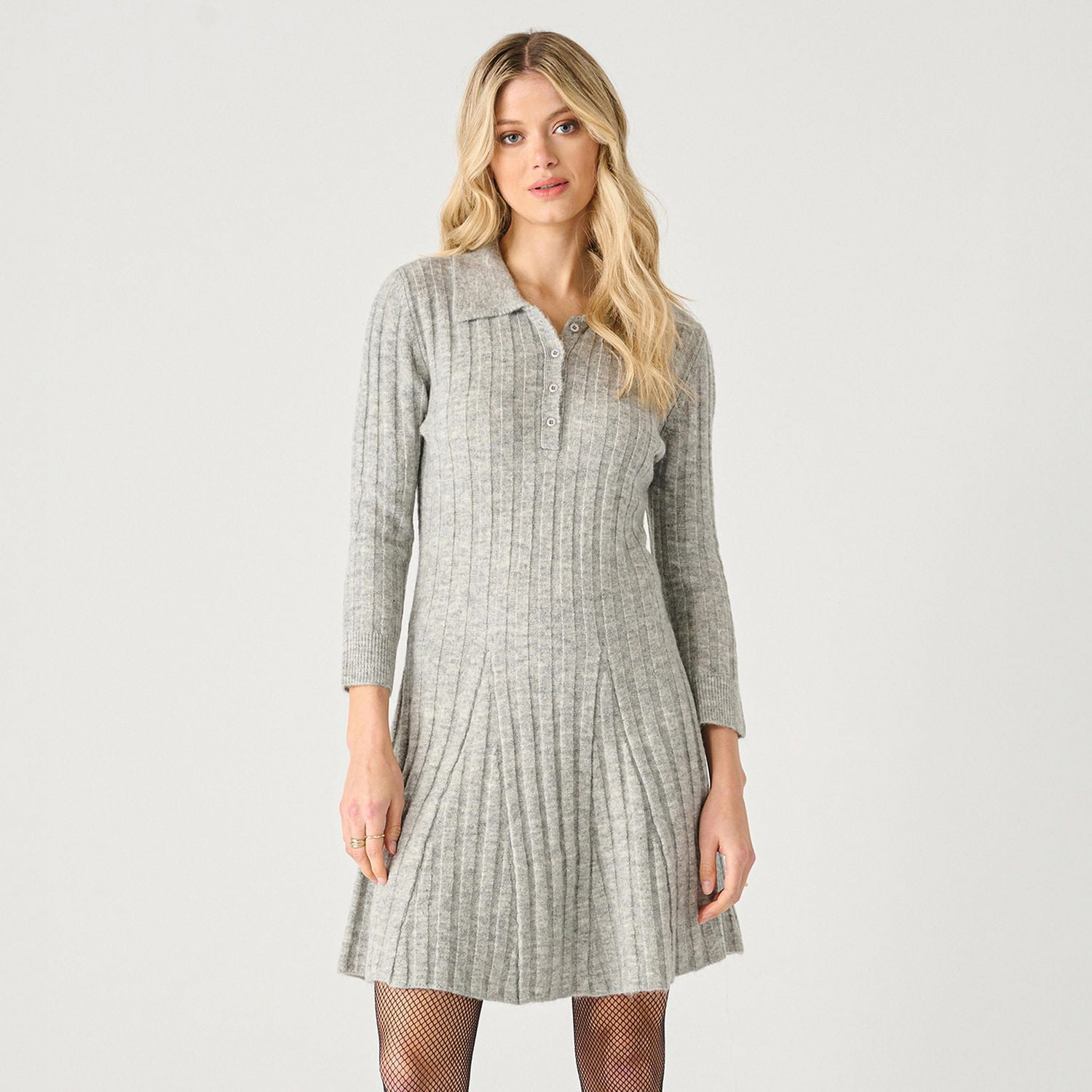 Devoted long sleeve ribbed collared mini sweater dress