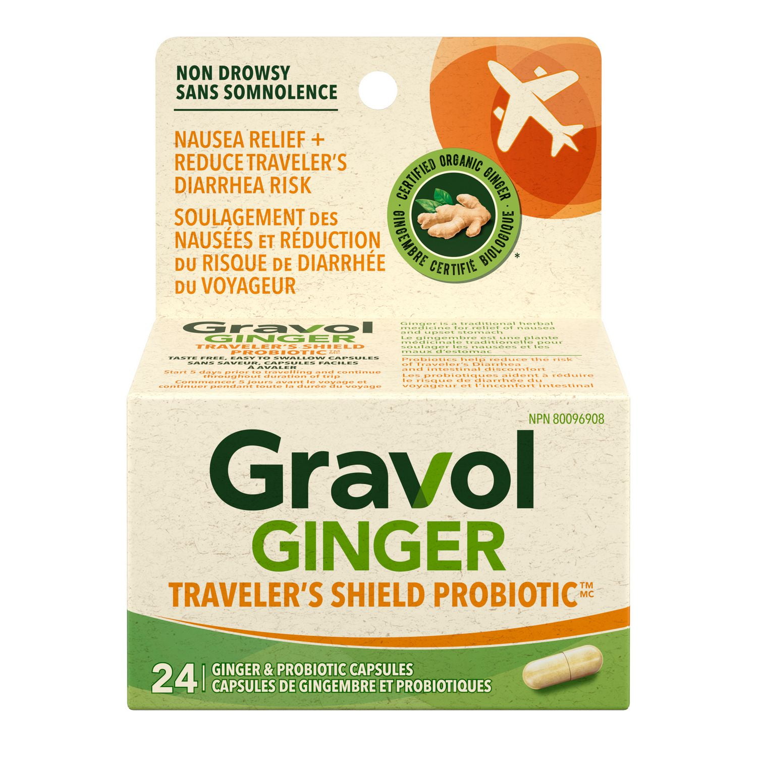 Gravol Ginger Traveler's Shield Probiotic - Nausea & Upset Stomach Relief - Reduces Risk of Traveler's Diarrhea - Non-Drowsy, 24 Capsules (pack of 1), Nausea & Upset Stomach Relief - Reduces Risk of Traveler's Diarrhea - Made in Canada - Organic Ginger with Probiotic – Non-Drowsy - 24 Capsules