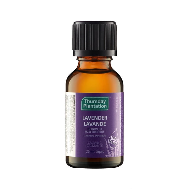 Thursday Plantation 100% Pure Lavender Oil — NPN‑certified essential oil for aromatherapy, used in aromatherapy to help calm and relax, help relieve headache and ease muscle or joint discomfort when diluted with a carrier oil; also suitable for scenting linens.