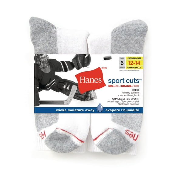 Hanes Men's 6 Pack Sports Cuts Big & Tall Crew Socks, Sizes 12-14