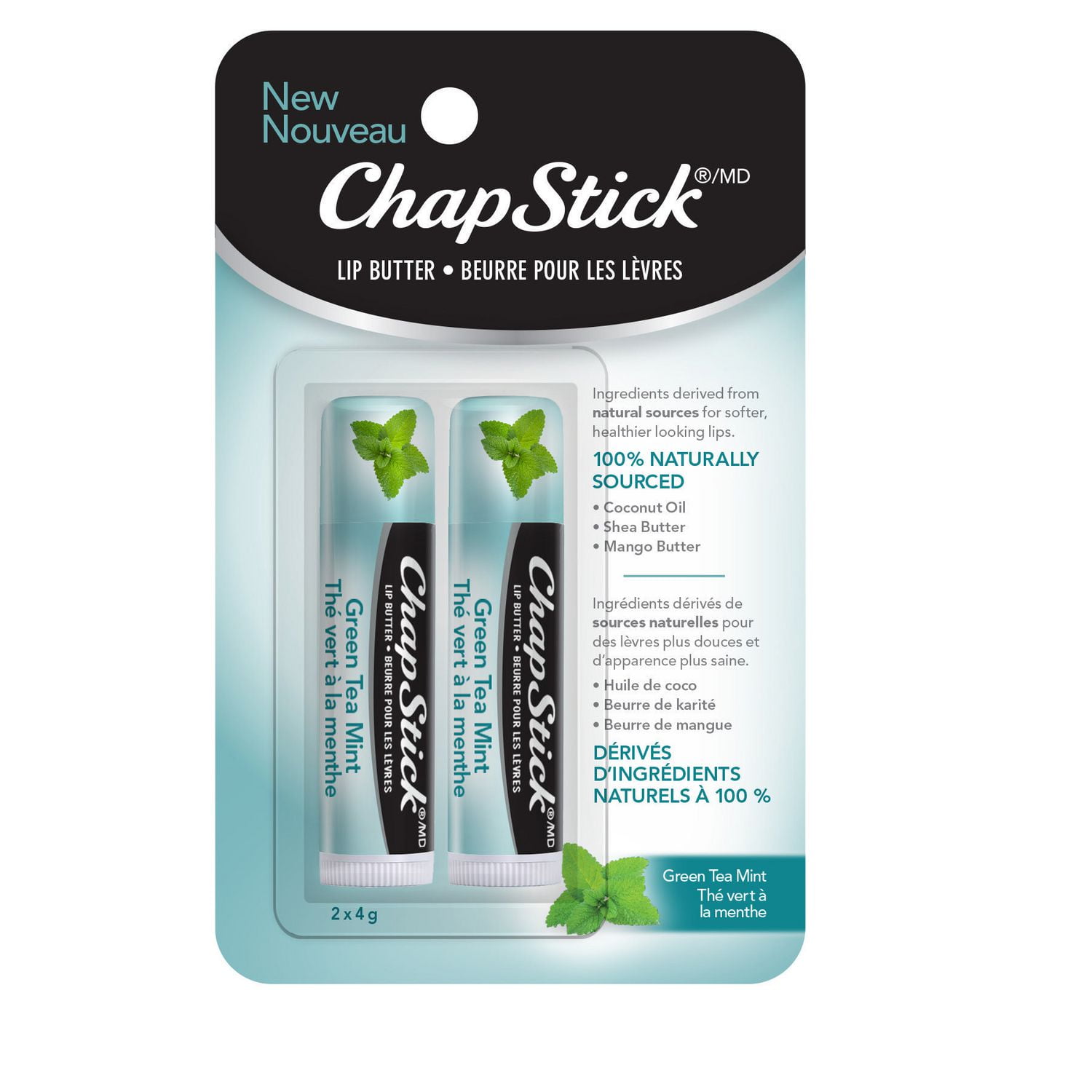 Chapstick Lip Butter Green Tea Mint 2Pk. 100 Naturally Sourced Coconut Oil, Shea & Mango
