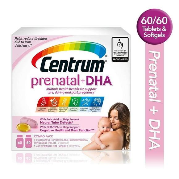 Centrum Prenatal+DHA Multivitamin Supplement with DHA/EPA Omega 3 Combo Pack, 120 Total Count, 1 x 60 Prenatal Tablets, 1 x 60 DHA Capsules
