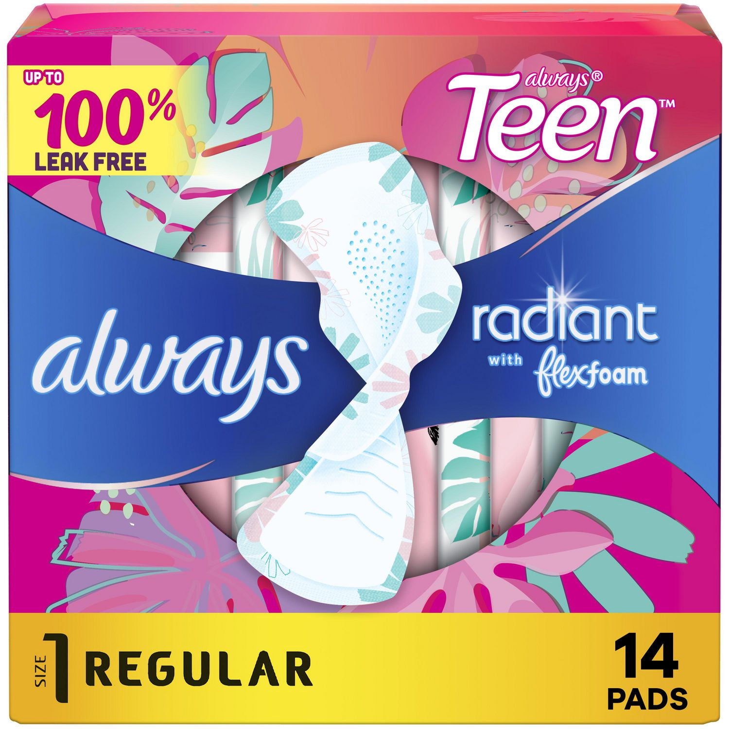 Always Radiant Teen Regular Unscented Pads with FlexFoam Wings, 14 ct -  Greatland Grocery