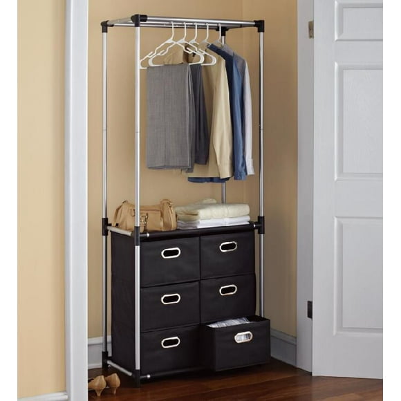 MAINSTAYS Closet Organizer with 6 Storage Drawers, Item size: 29.7in. Wx16.1in. Dx72.2in.H; Silver grey powder coating with black fabric accessories.