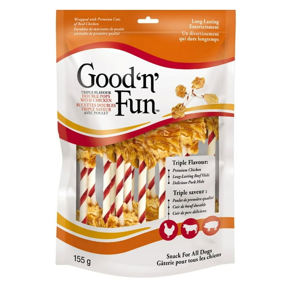 Good ’n’ Fun Triple Flavor Double Pops Dog Chews with Chicken, Gourmet Dog Treats, 155g, Long-Lasting Entertainment