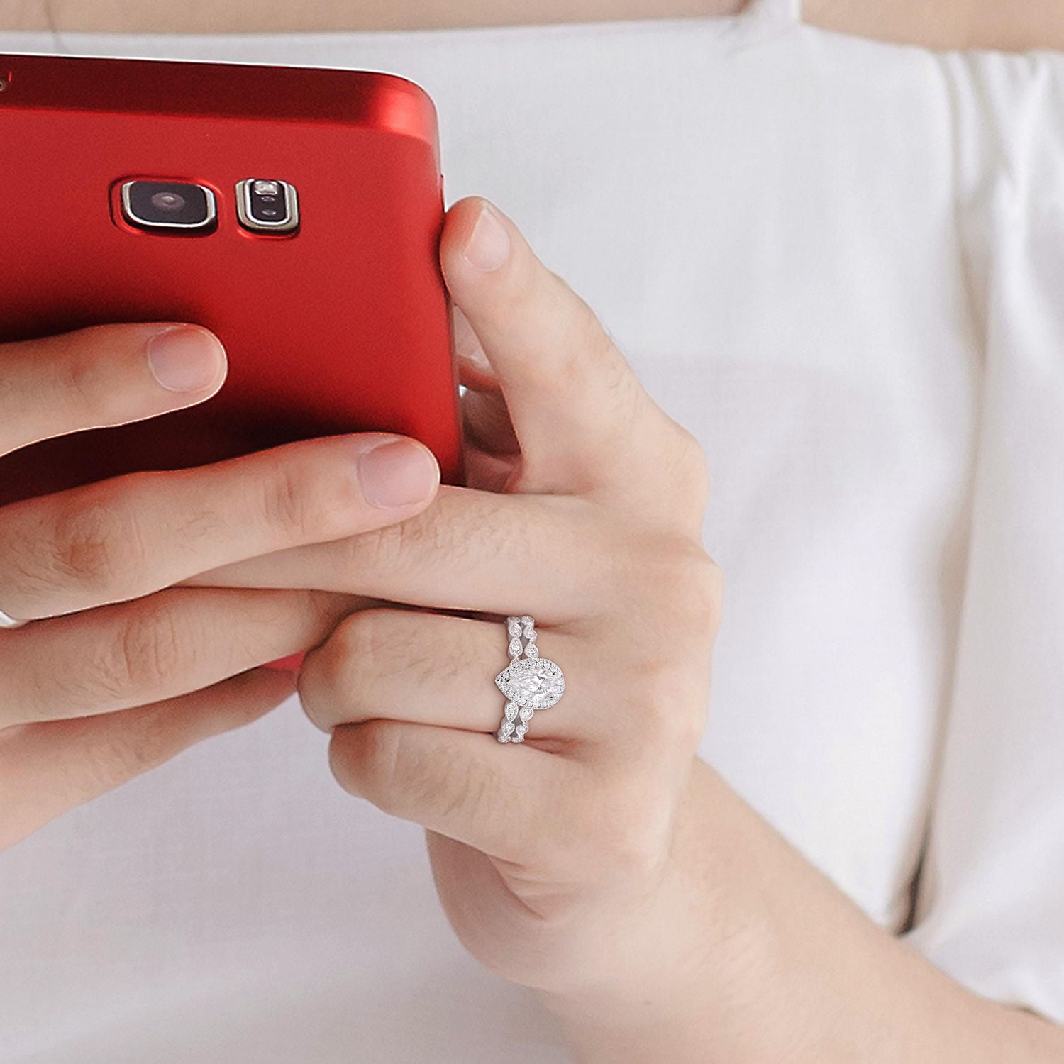 Miabella 1-1/6 Carat T.G.W. Created Moissanite Sterling Silver Stackable Pear Halo Bridal Ring Set