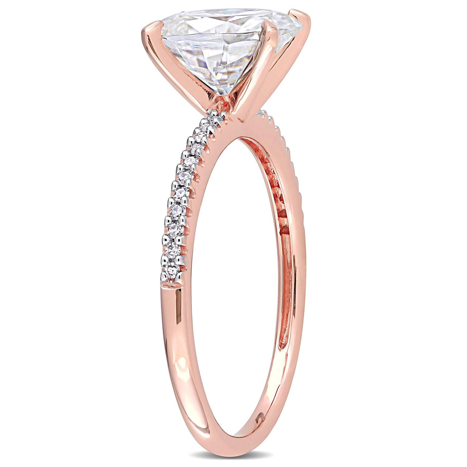 Bague de fiançailles ovale Miabella avec moissanite 2 CT. p.g.t. et diamant 1/10 CT. P.T. en or rose 14K