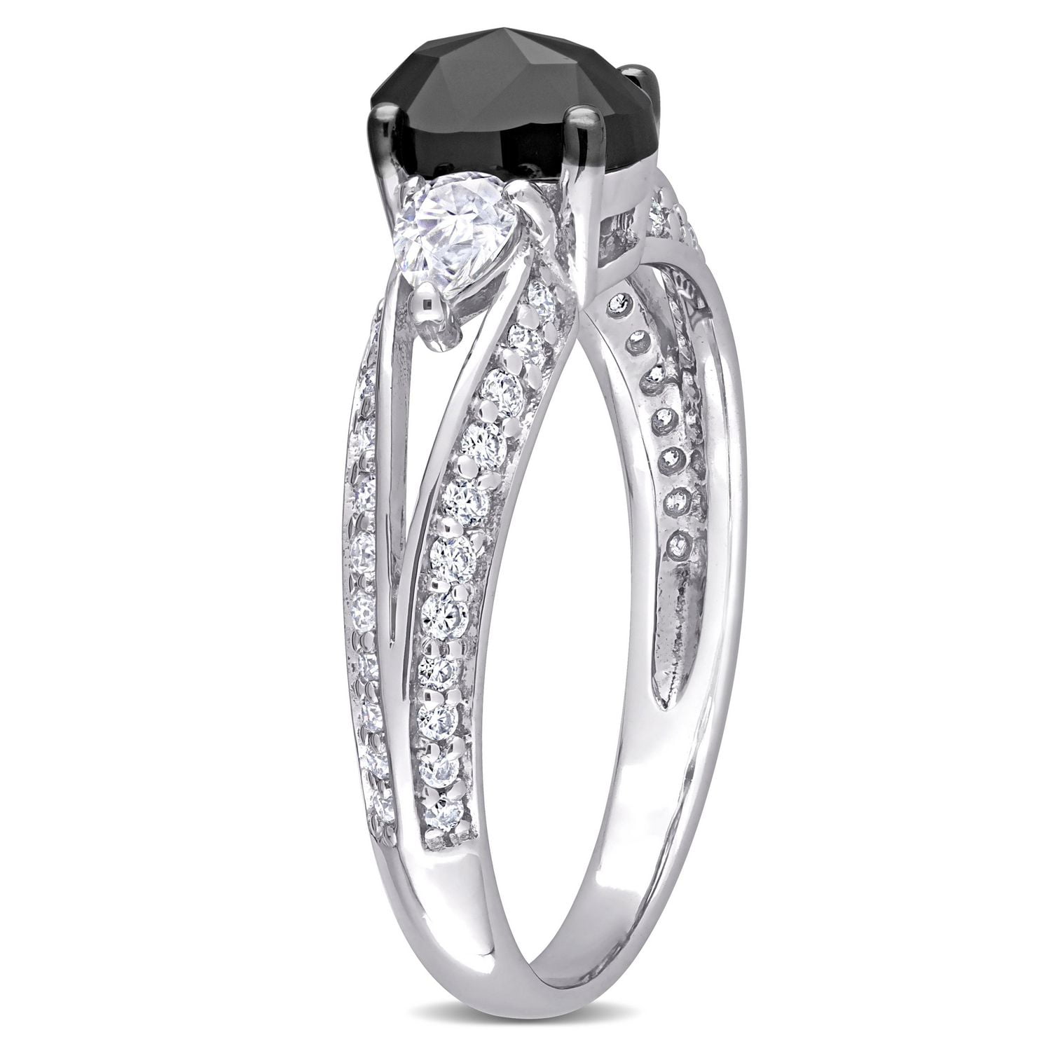 Bague de fiançailles Miabella ovale a 3 pierres avec diamant noir 3/4 carat p.t. et moissanite 3/4 carat p.g.t. en or blanc 10K