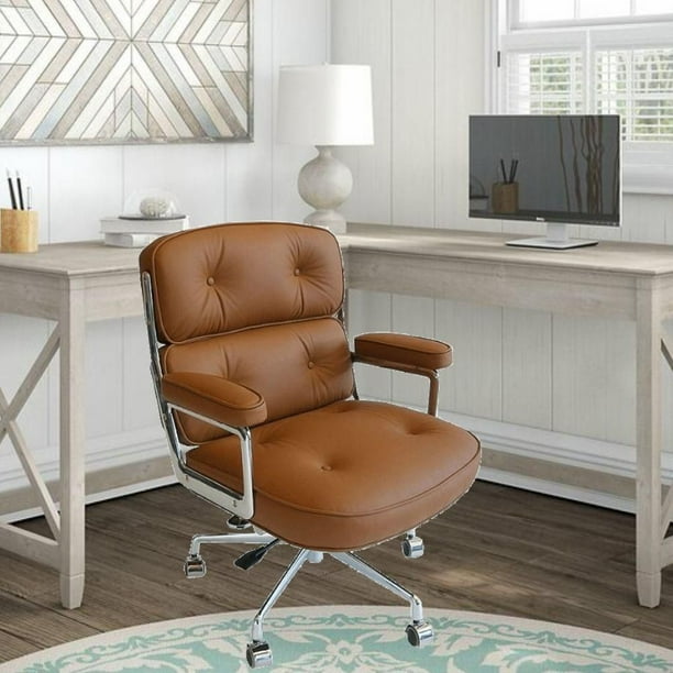 Lobby Executive PU Office Chair in Tan,Mid-Back Executive Swivel Mesh  Office Desk Chair, Upholstery, Lumbar Support, Modern Style 