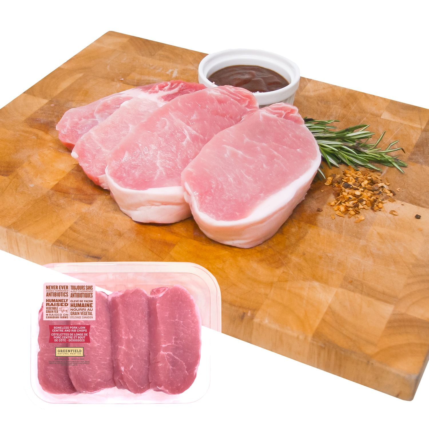 Cotelettes de longe de porc désossées Greenfield éleve sans antibiotiques, 4 côtelettes, 0.30 - 0.60 KG