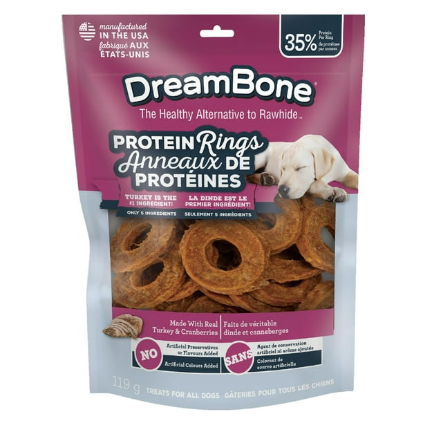 DreamBone Anneaux Protéinés Dinde et Canneberge 4,2 Oz, 119 G DreamBone Protein Rings Dinde et canneberge 4,2 oz, 119 g sans cuir brut