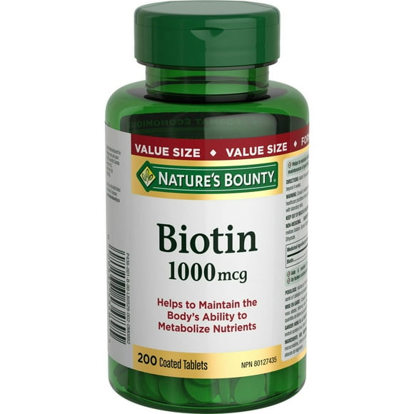 NATURE'S BOUNTY Biotine, 1&nbsp;000&nbsp;mcg, aide à maintenir les capacités du corps à métaboliser les nutriments, facteur de maintien d’une bonne santé, format économique, comprimés enrobés 200 paquet 200 comprimés