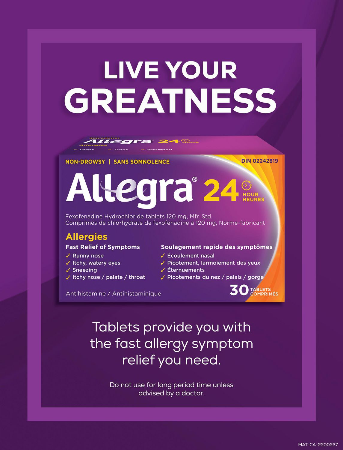 Allegra 24 Hour Allergy Medication 120 mg 30 Count Tablets Non