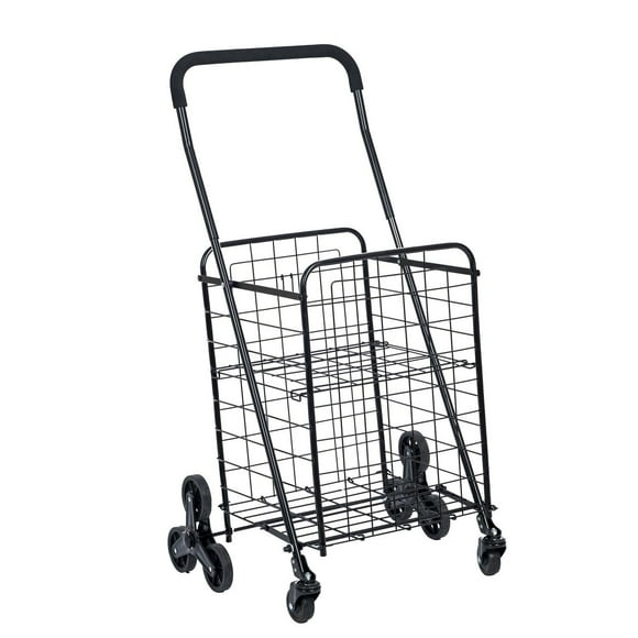 Mainstays Stair Climber Wire Shopping Cart, Folding Shopping Cart Portable Grocery Stair Climbing Cart with Tri-Wheels. Adjustable foam covered handle with different height option, Assembled size: 22.2 in. W x 20in. D x 38 in. - 40.9 in. H； Black powder coating finish