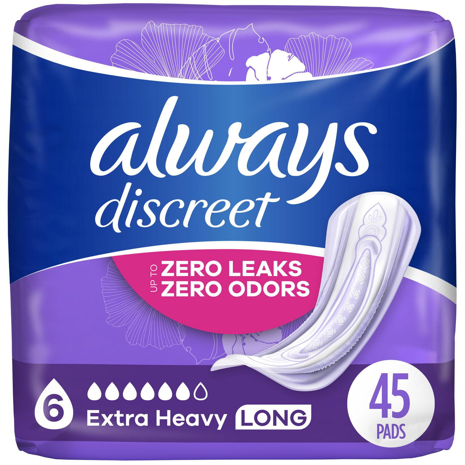 Always Discreet Adult Incontinence Pads for Women, Extra Heavy Absorbency,  Long Length, Postpartum Pads, 45CT 