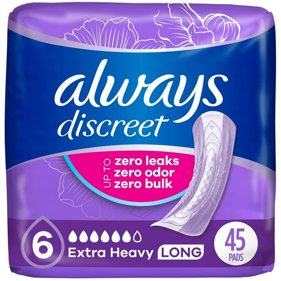 Always Discreet Adult Incontinence Pads for Women, Extra Heavy Absorbency, Long Length, Postpartum Pads, 45CT