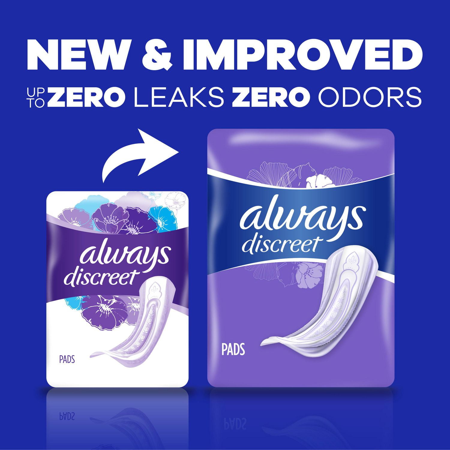 Always Discreet Adult Incontinence Pads for Women, Extra Heavy Absorbency,  Long Length, Postpartum Pads, 45CT