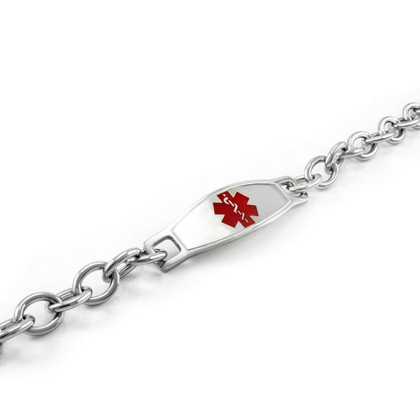 MedicEngraved - Mens Womens 316L Stainless Steel Medical Id Chain Bracelet with Red Tag - 5 Lines of Engraving Included