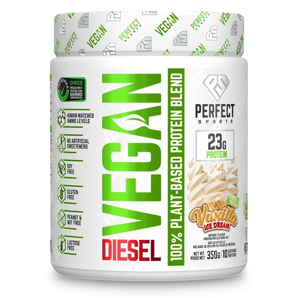 PERFECT Sports - DIESEL végétalien, poudre de protéines 100 % végétales, sans soja, sans lactose, sans gluten, approuvé par Keto, entièrement naturel, édulcoré exclusivement avec de la stévia. Rêve glacé à la vanille (10 portions, 350g)