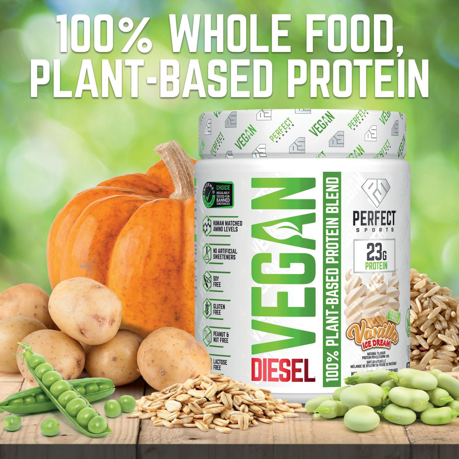 PERFECT Sports - DIESEL Vegan, 100% Plant-Based Protein Powder, Soy-Free, Lactose-Free, Gluten-Free, Keto-Approved, All-Natural, Sweetened Exclusively with Stevia featuring branded ingredient SolaThin. Vanilla Ice Dream (10 Servings, 350g)