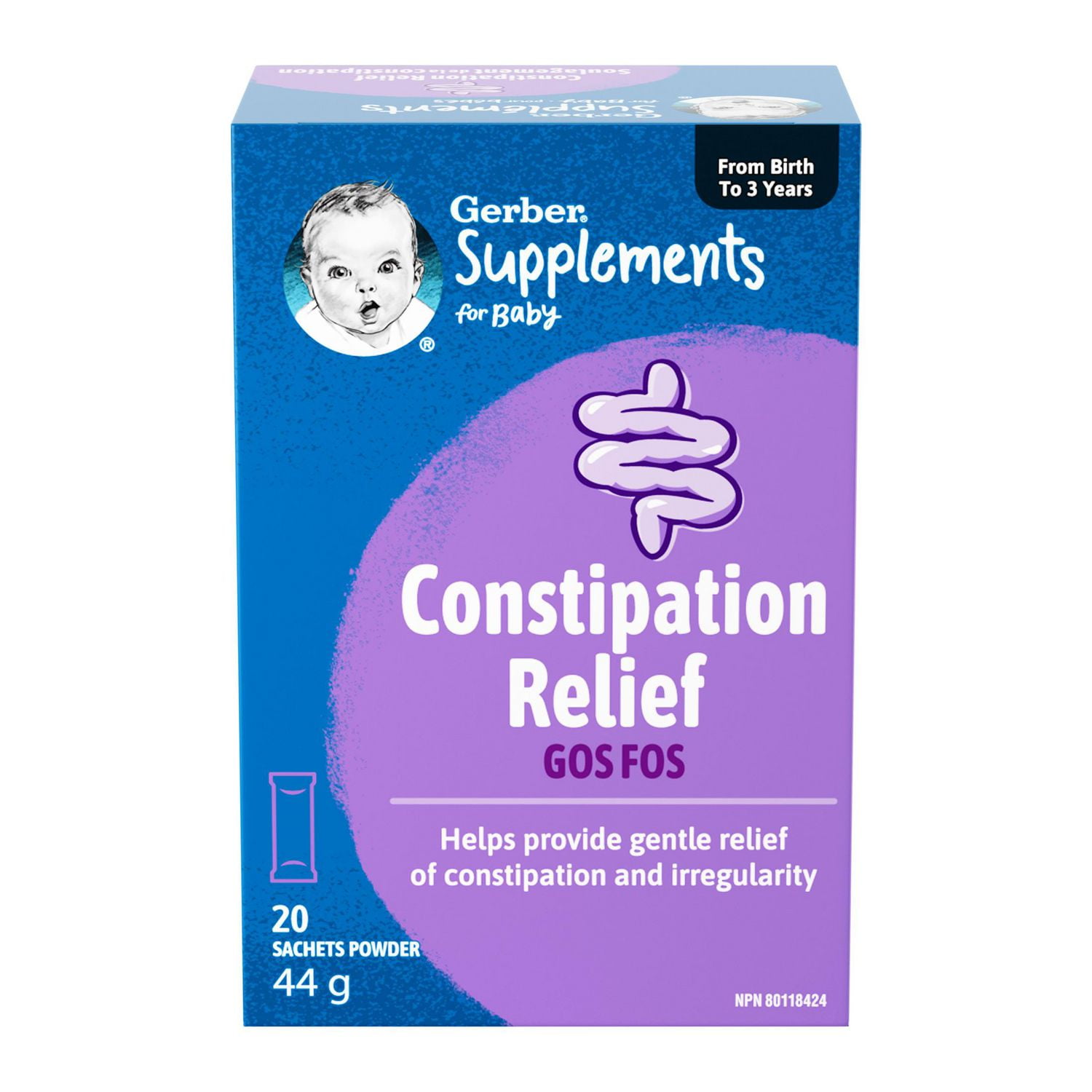 Gerber GERBER Supplements for Baby Constipation Relief (GOS FOS), 0-3 Years, For Constipation & Irregularity, No Additives, Colours, Flavours or Artificial Sweetener, 20 sachets
