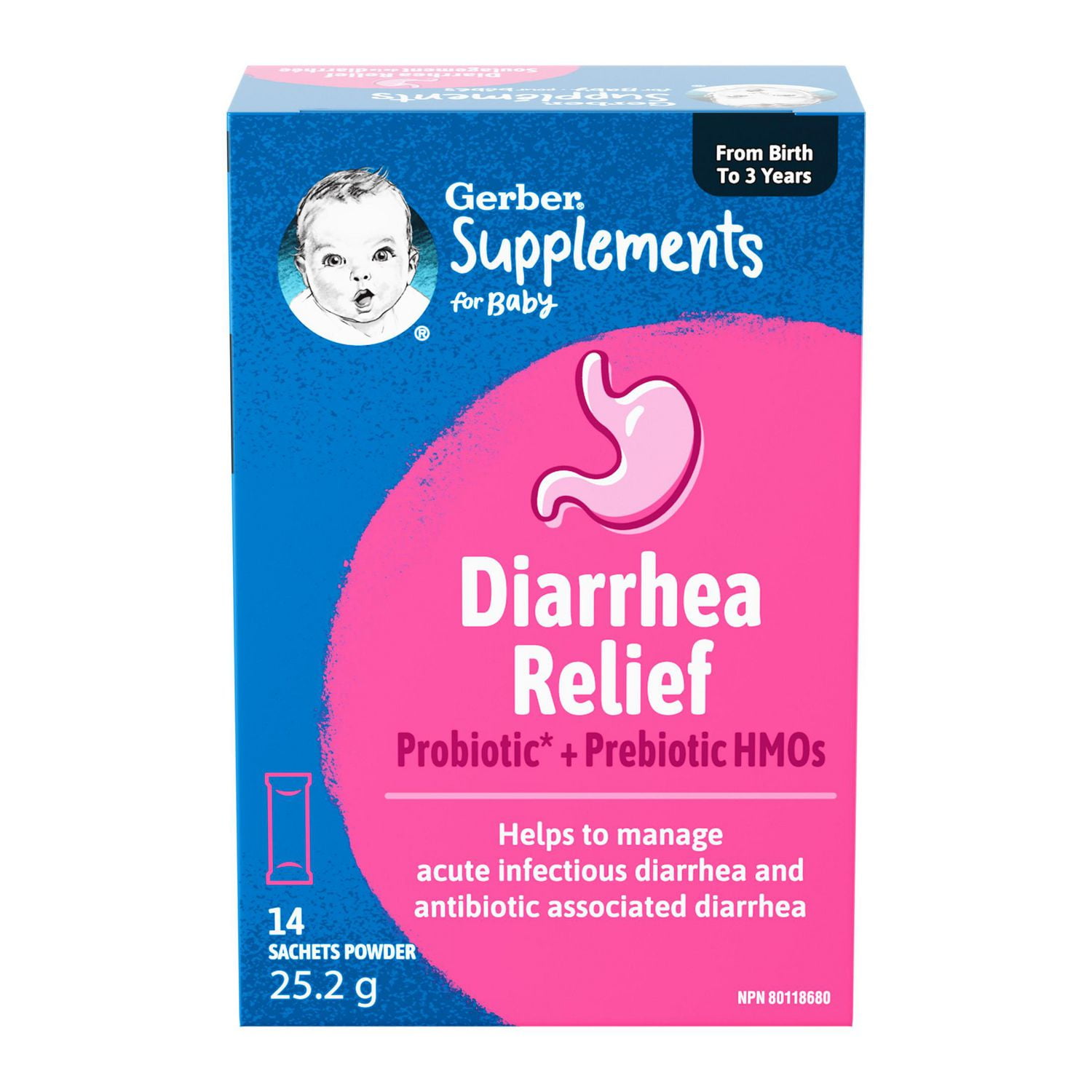 Gerber GERBER Supplements for Baby Diarrhea Relief, 0-3 Yrs, Baby Diarrhea Relief, Acute Infectious Diarrhea & Antibiotic-associated Diarrhea, Probiotic & Prebiotic HMOs, Gluten-Free, Contains 14 sachets