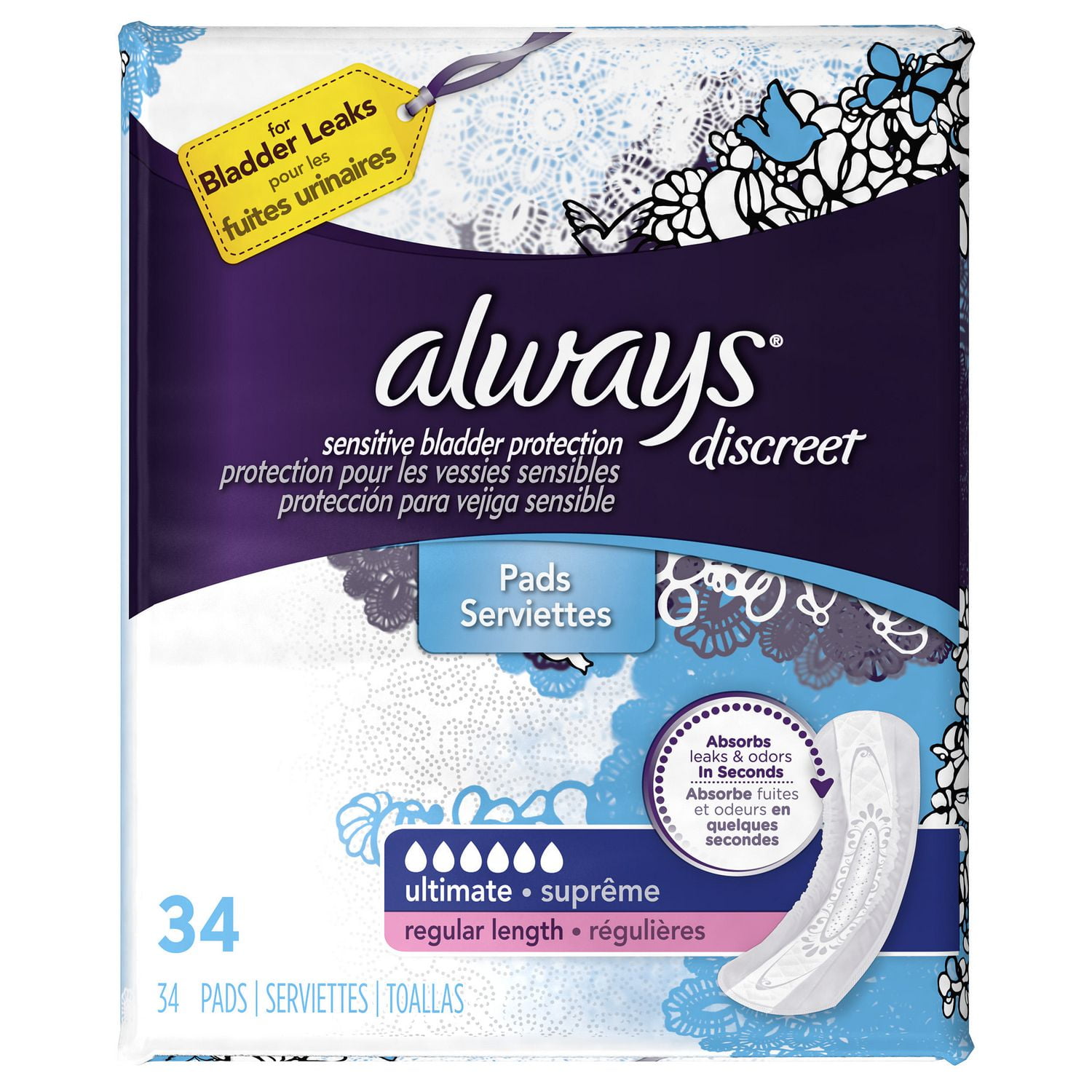 Always Discreet, Incontinence Pads, Ultimate, Regular Length | Walmart ...