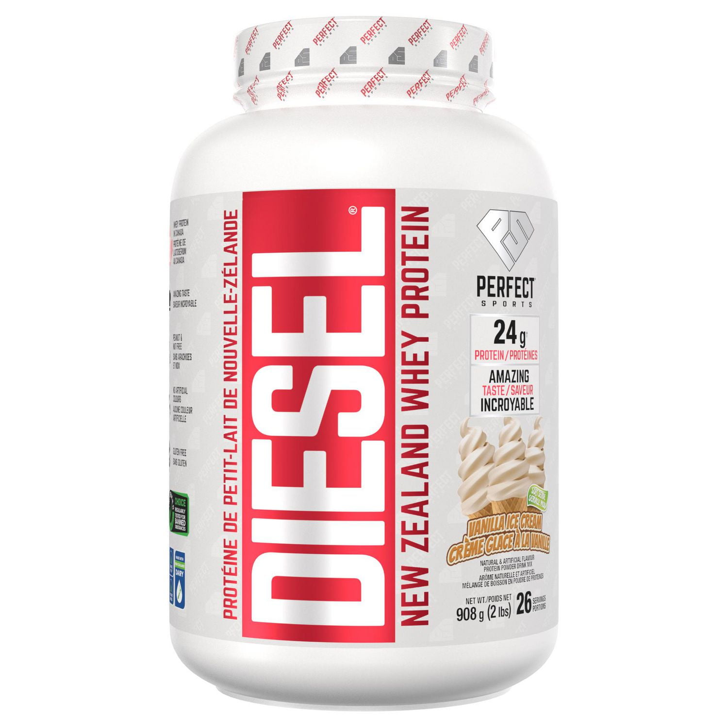 PERFECT Sports - DIESEL® New Zealand Whey Protein, Grass-Fed + Pasture-Raised Whey Protein Powder, Gluten-Free, Vanilla Ice Cream, 2 lbs (908 g)