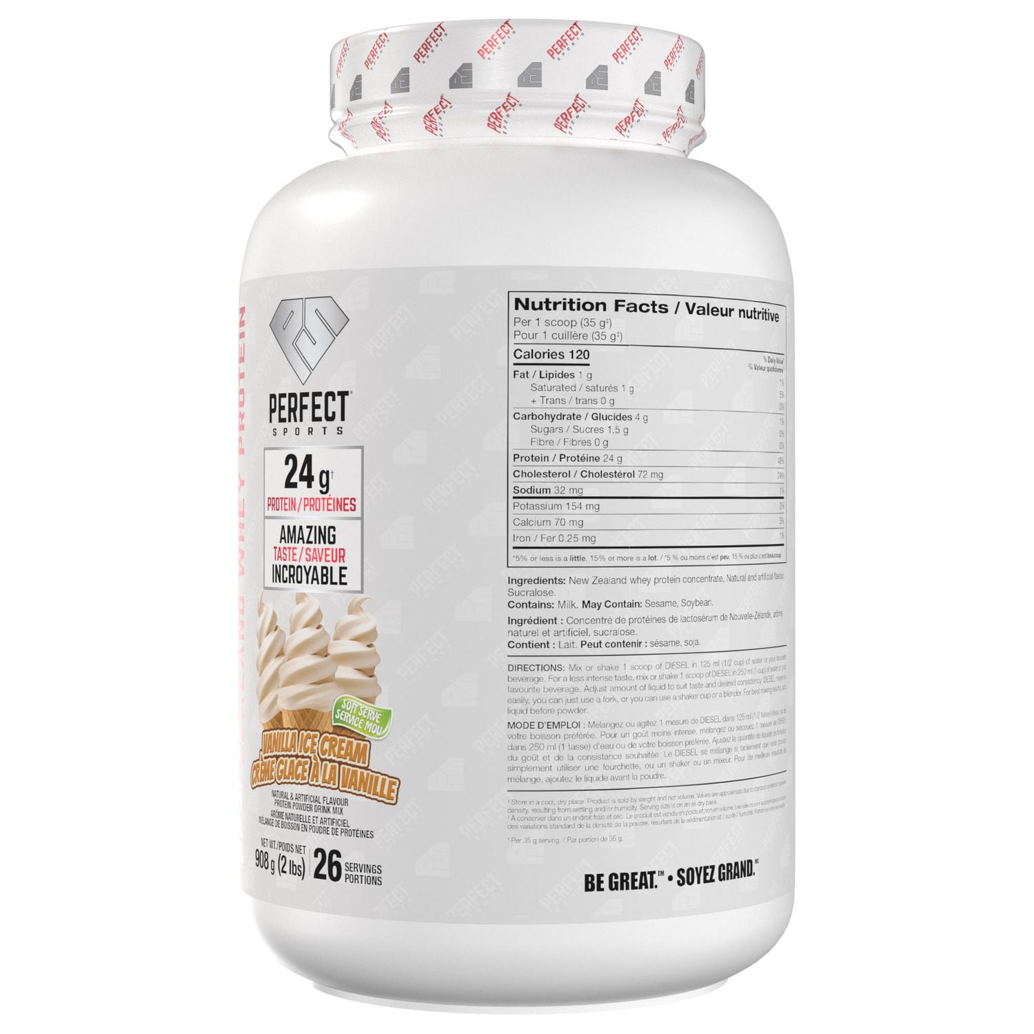 PERFECT Sports - DIESEL® New Zealand Whey Protein, Grass-Fed + Pasture-Raised Whey Protein Powder, Gluten-Free, Vanilla Ice Cream, 2 lbs (908 g)