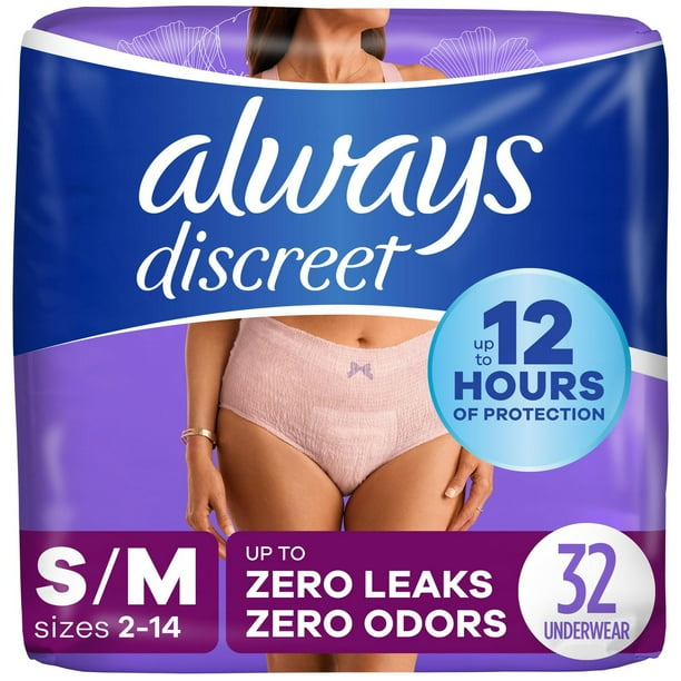 Culottes d’incontinence et de post-partum Always Discreet, protègent jusqu’à 100 % contre les fuites urinaires, pour femmes, P/M, 32 culottes 32CT