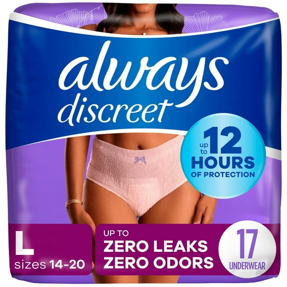 Always Discreet Adult Incontinence Underwear for Women and Postpartum Underwear, L, Up to 100% Bladder Leak Protection