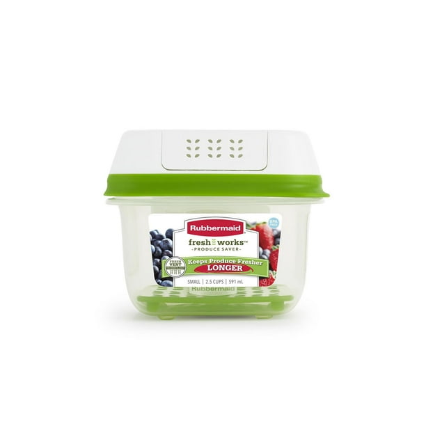 Rubbermaid FreshWorks Produce Saver Large contenant peut contenir : 1 pomme de laitue; Contenant moyen peut contenir : 16 oz de fraises; Petit contenant peut contenir : 1 chopine de bleuets