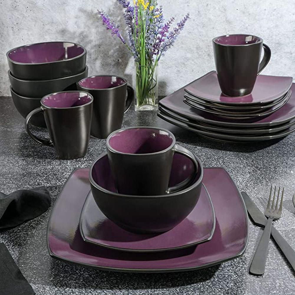 Gibson Elite Soho Lounge Square 16 Piece Stoneware Dinnerware Set Purple