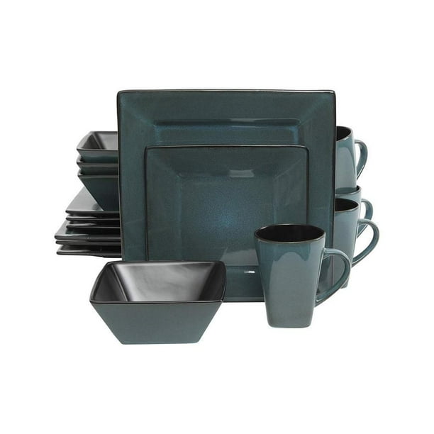 Gibson Elite Kiesling 16pc Square Stoneware Dinnerware Set, Blue/black