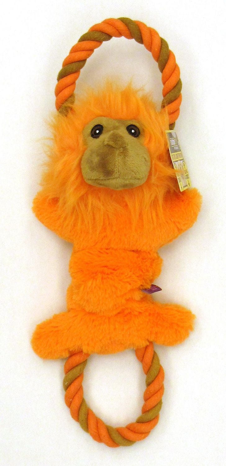 Multipet Plush Tug Dog Toy, Squeaks and Crinkles, Orange Tamarin, Pull toy for dog with crinkle