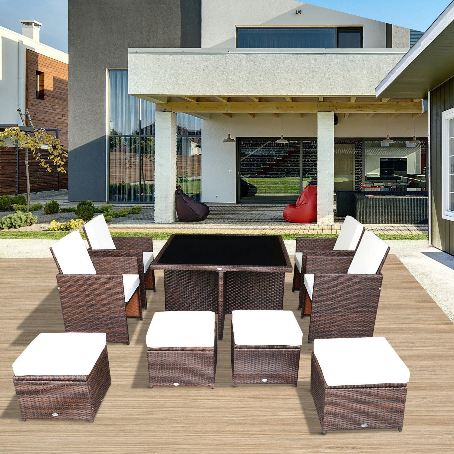 Outsunny Deluxe 9Pcs Rattan Dining Table Set Walmart Canada