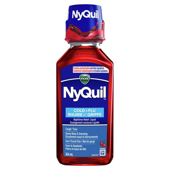 Vicks NyQuil Cold and Flu Symptom Relief Cherry Flavoured Liquid Medicine, Multi-Symptom Nighttime Relief for Headache, Fever, Sore Throat Pain, Minor Aches and Pains, Runny Nose and Cough, 354ML