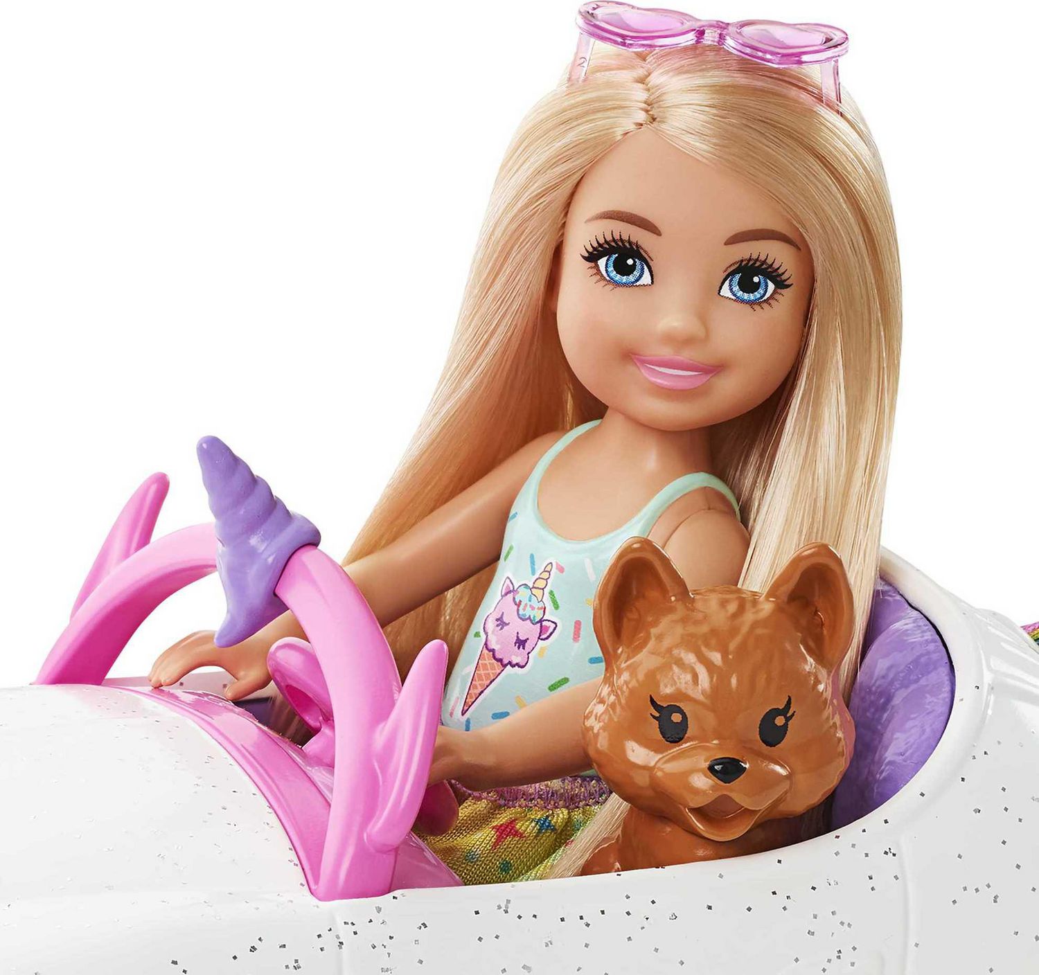 ​Barbie Club Chelsea Doll (6-inch Blonde) with Open-Top Rainbow  Unicorn-Themed Car, Pet Puppy, Sticker Sheet & Accessories
