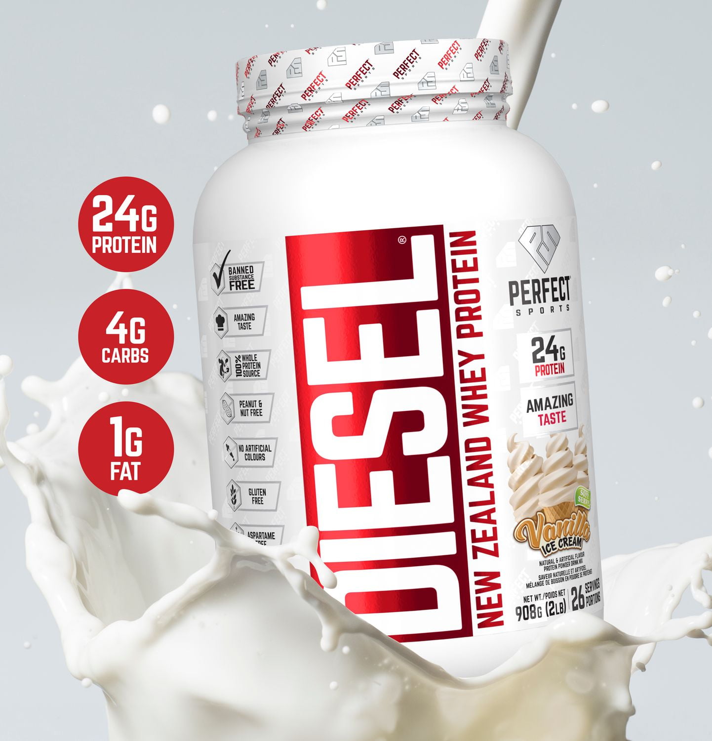 PERFECT Sports - DIESEL® New Zealand Whey Protein, Grass-Fed + Pasture-Raised Whey Protein Powder, Gluten-Free, Vanilla Ice Cream, 2 lbs (908 g)