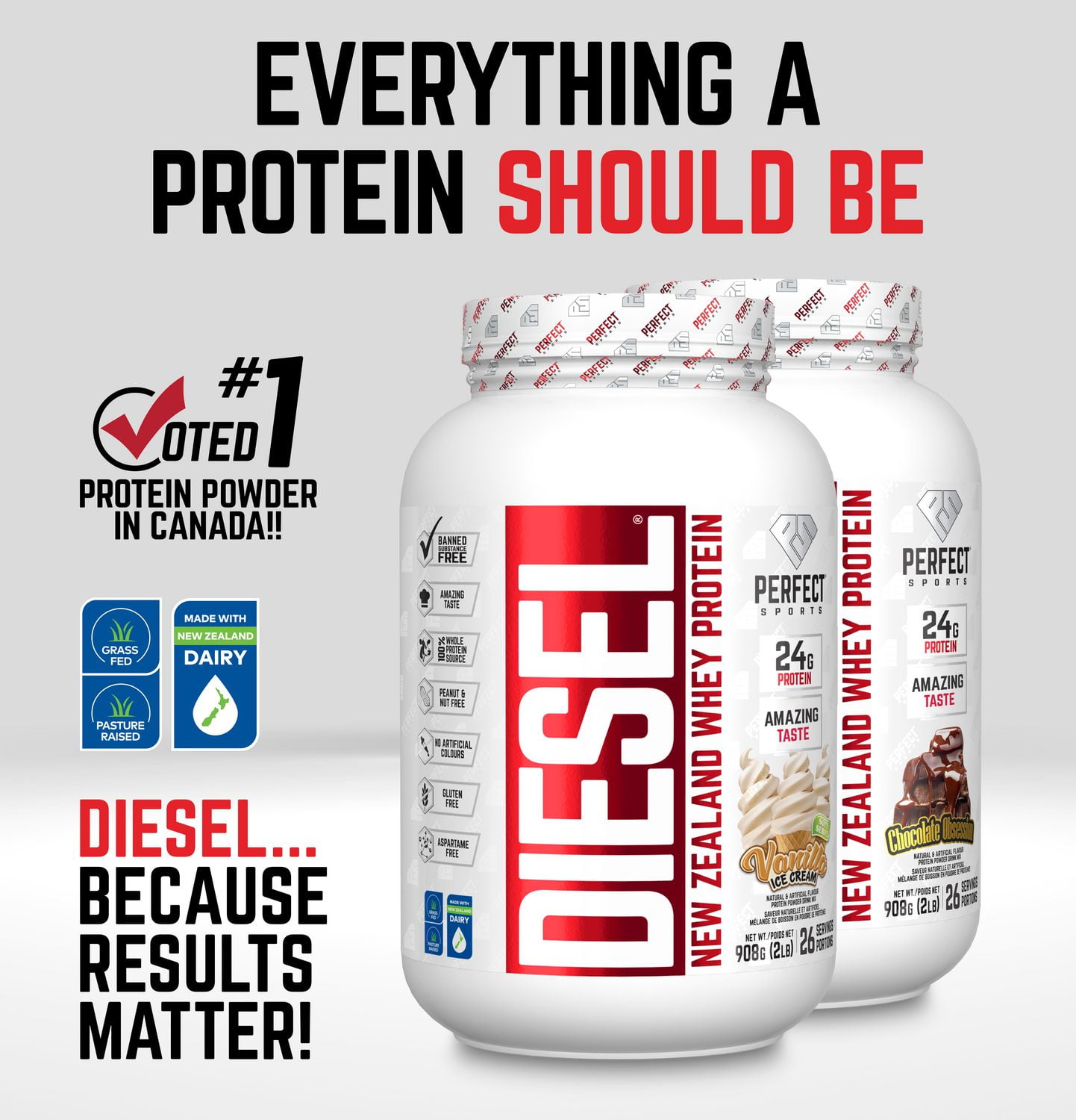 PERFECT Sports - DIESEL® New Zealand Whey Protein, Grass-Fed + Pasture-Raised Whey Protein Powder, Gluten-Free, Vanilla Ice Cream, 2 lbs (908 g)
