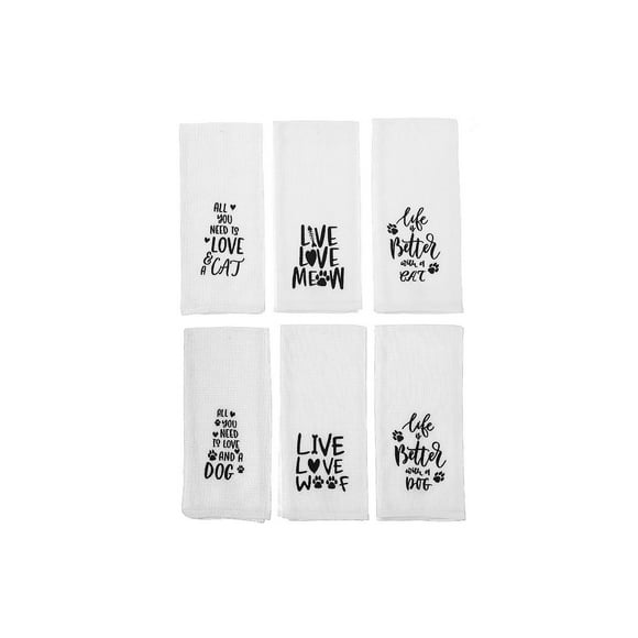 IH Casa Decor Embroidered White Waffle Kitchen Towel Pet Lovers Asstd - Set of 6