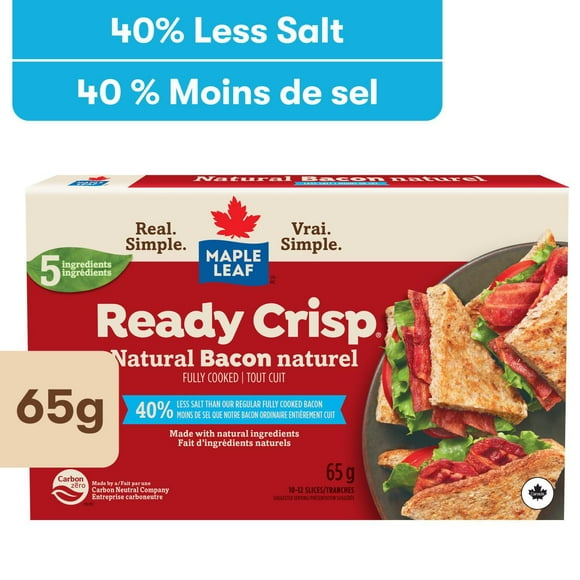Maple Leaf Ready Crisp Fully Cooked Less Salt Natural Bacon Slices, 65 g