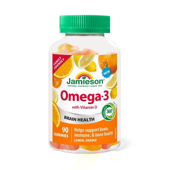 Jamieson gummies oméga-3 avec vitamine D pour les familles, 40 mg, fruits, 90 gummies