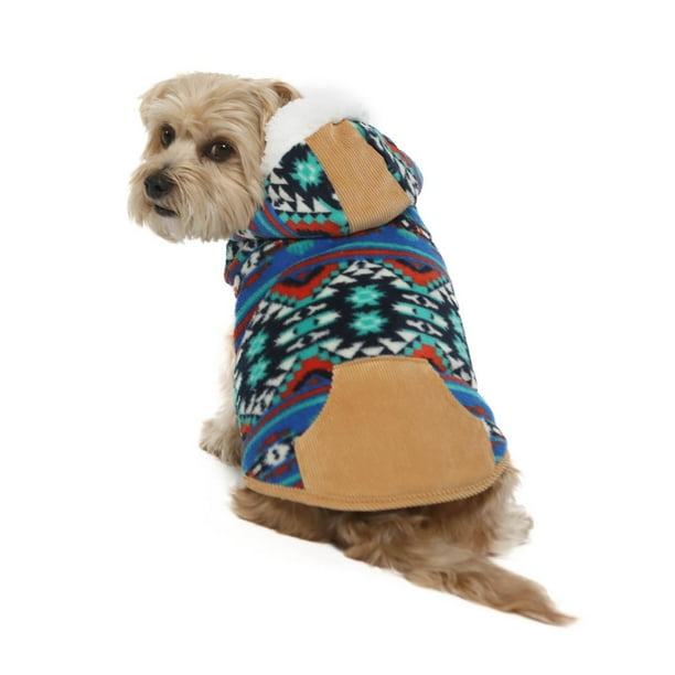 Vibrant Life Dog Clothes Blueprint Fleece Hooded Jacket with Corduroy