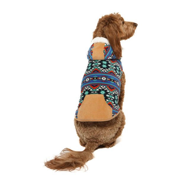 Vibrant Life Dog Clothes Blueprint Fleece Hooded Jacket with Corduroy