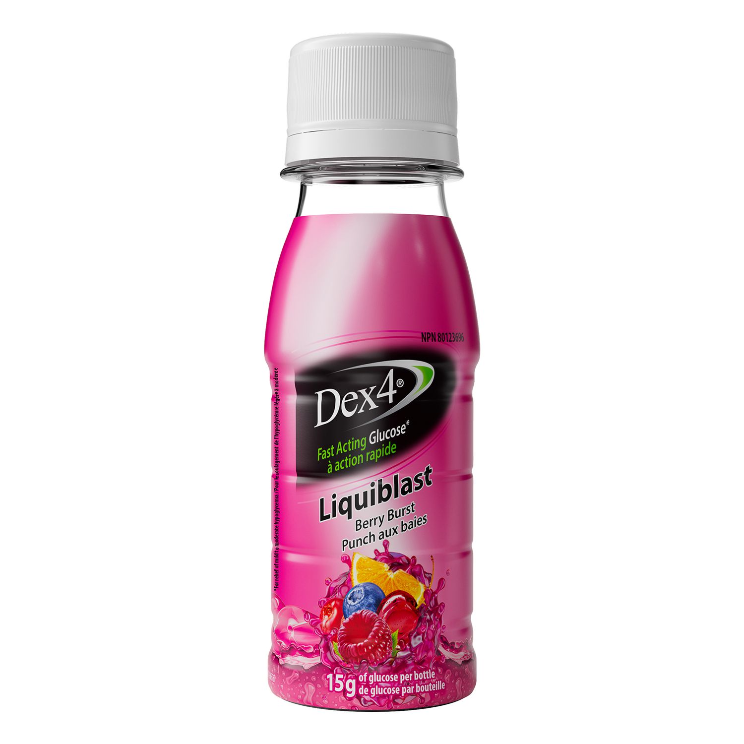 Dex4 Liquiblast – Saveur Punch aux Baies – Bouteille de 59 mL, paquet de 6 – Glucose à action rapide et pré-dosé – Sans gras, sans gluten, sans caféine
