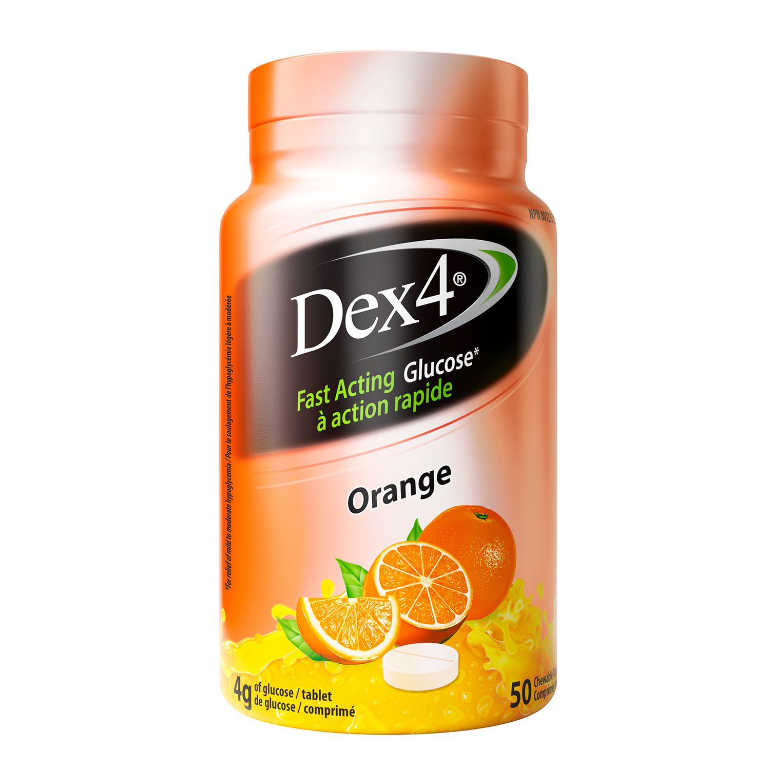 Dex4 Comprimés de Glucose – Saveur Orange – 50 Comprimés par Bouteille – Action Rapide, Pré-dosés – Sans Gras, Sans Gluten, Sans Sodium